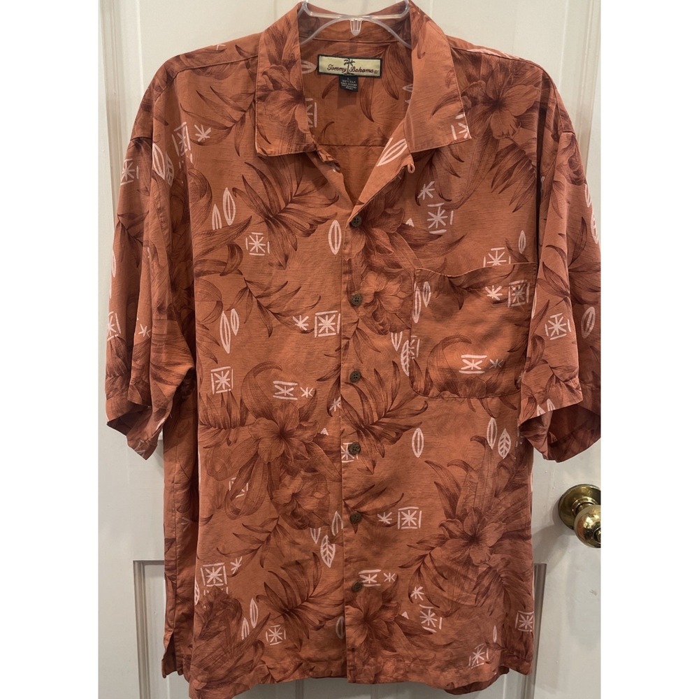 Tommy Bahama SILK Orange Men' Large Button Down Hawaiian luau casual graphic